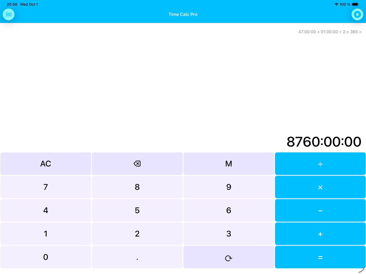 TimeCalc calculator running on iPad.