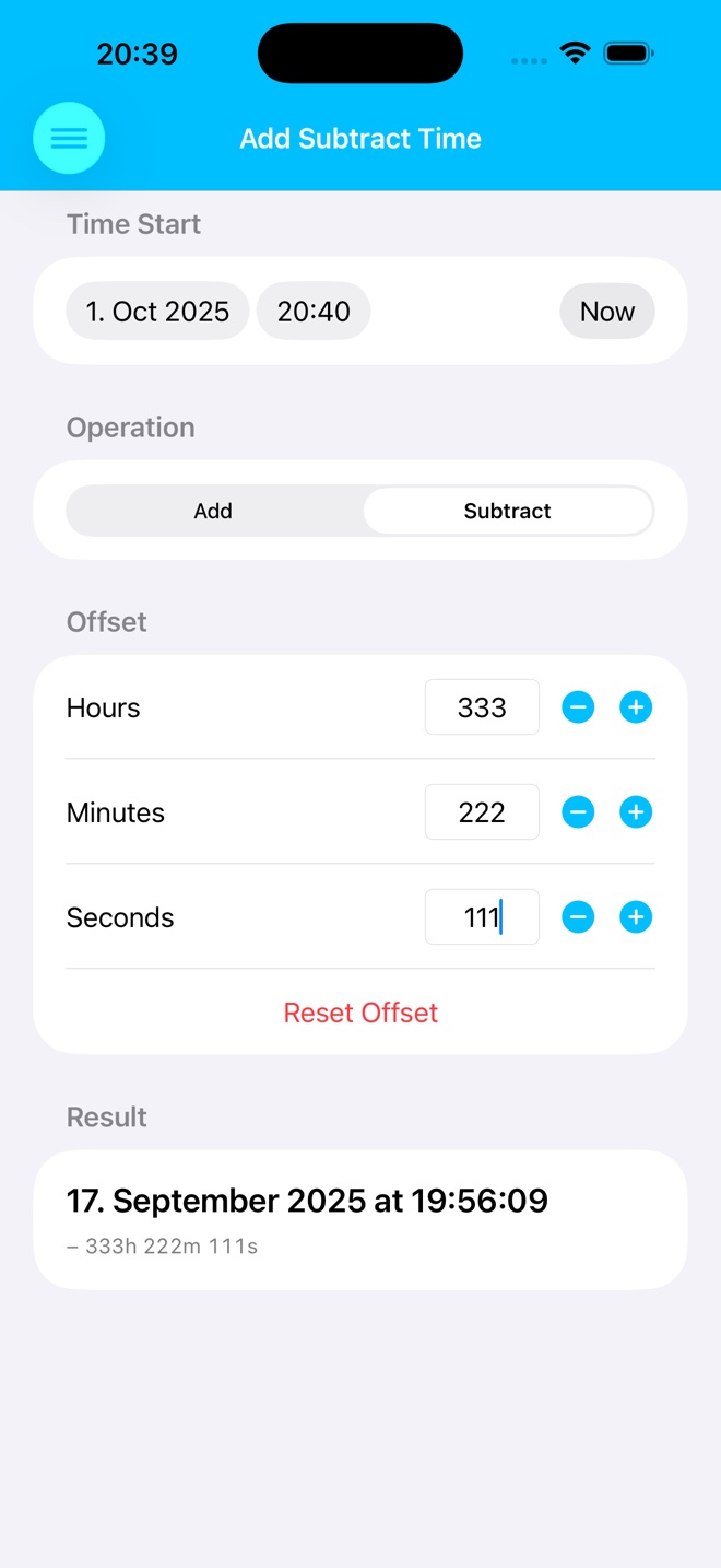 TimeCalc add and subtract time screen on iPhone.