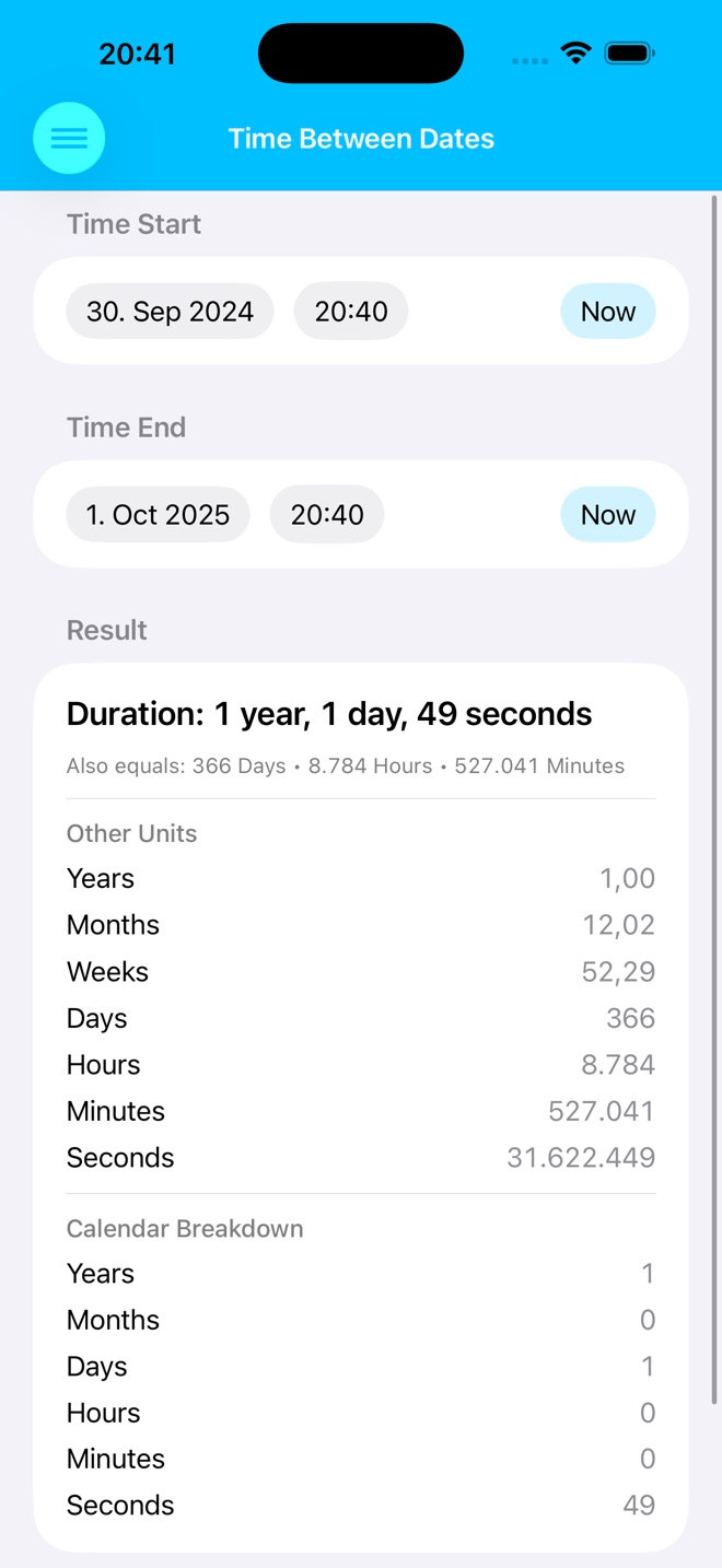 TimeCalc time between dates screen on iPhone.