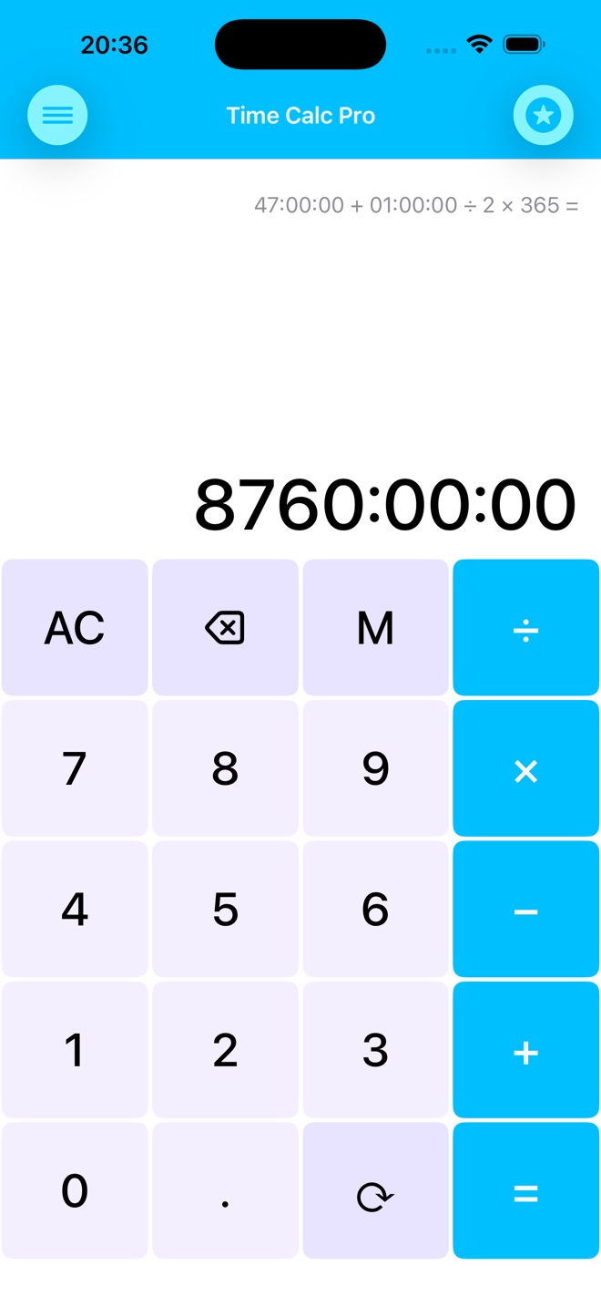 TimeCalc calculator screen showing 8760 hours.