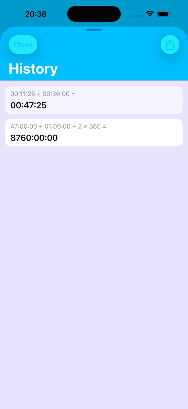 TimeCalc history screen on iPhone.